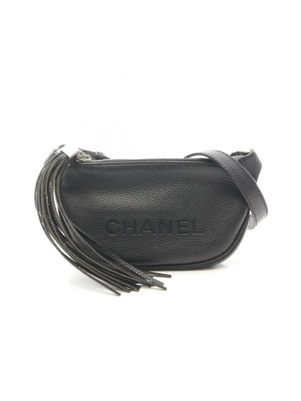 Chanel Shoulder Bag Logo Fringe Black Leather